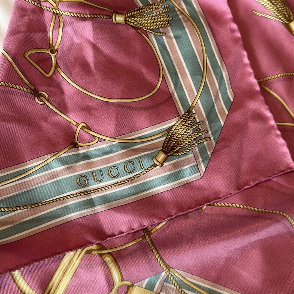 Gucci Silk Square Logo GG Tassel Rope Print Scarf in pink
